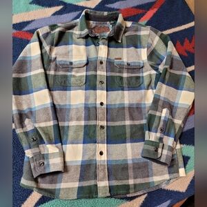 Orvis Plaid Heavy Flannel Mens Medium Green Blue Long Sleeve Button Up Big Bear